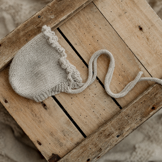 newborn ruffle knit bonnet : taupe